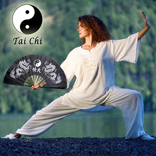 Omytea Bamboo Large Rave Folding Hand Fan For Men/Women - Chinese Japanese Kung Fu Tai Chi Handheld Fan With Fabric Case - For Performance, Decorations, Dancing, Festival, Gift (Double Dragons) #TOP1