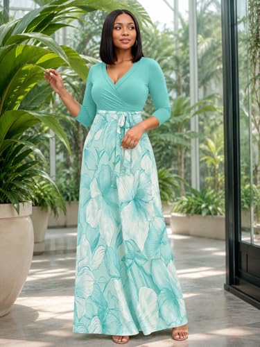 Image of Women's V Neck Floral Maxi Dress 3 /4 Sleeve Plus Size Boho Wrap Flowy Long Dresses with Belt