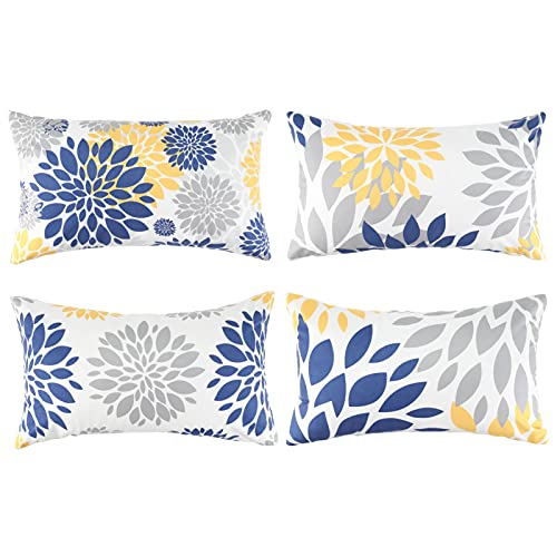 Hanrunsi 12X20 Throw Pillow Cover Blue And Yellow Decorative Velvet Pillow Cover Set Of 4 Grey Flower Pillowcase For Bedroom Sofa Cushion #TOP29