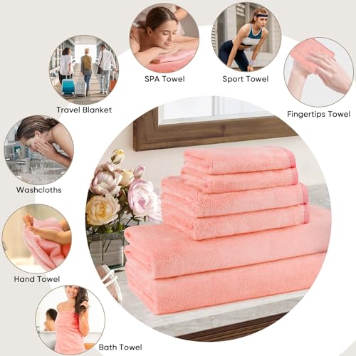 Image of Orighty 6-Piece Towel Set - Soft & Lightweight - 2 Bath Towels, 2 Hand Towels, and 2 Wash Cloths - Absorbent & Quick Drying Microfiber Towel for Multipurpose, Bathroom, Gym, Sport, Yoga, Travel - Pink