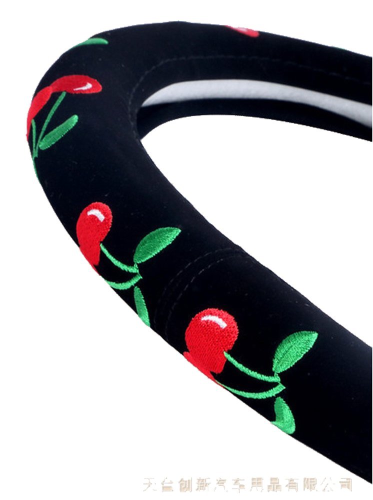 Automotive Cherry Car Accessory Embroidery Cute Women Handmade 15 inch Car Steering Wheel Cover (Green)