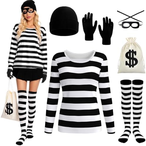 6Pcs Halloween Women Robber Costume Set Thief Cosplay Striped Shi...