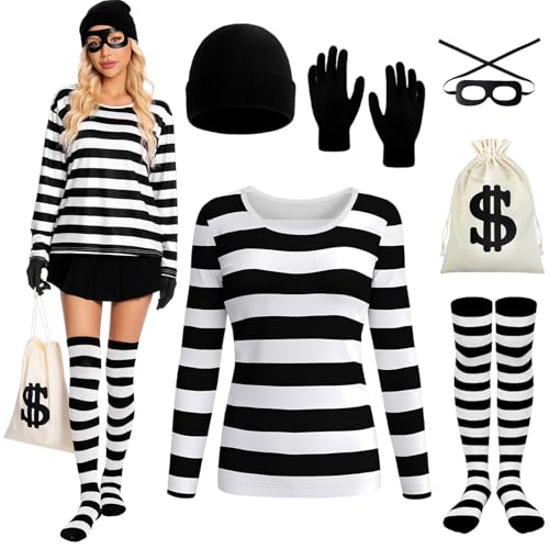 ULEMON 6Pcs Halloween Women Robber Costume Set Women Thief Cosplay Striped Shirt Socks Eye Masks Black Gloves Beanie Cap Money Bags for Halloween Burglar Theme Party (L)