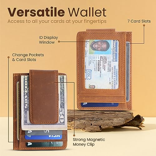 Genuine Leather Money Clip Wallet, Minimalist Mens Wallet, Strong Magnetic Clip with RFID Blocking, Card Case With Money Clip, Slim Front Pocket Wallet, Money Holder with ID Window (Brown)4