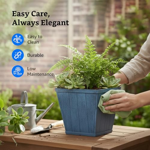 Image of Amazon Brand- Solimo Indoor and Outdoor Square 10 Inch Barrel Flower Planter Pot Best for Terrace /Balcony /Home /Office Decor - Set of 2