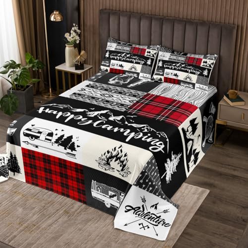 Camping Adventure Bedspread for Kids Boys,RV Camper Accessories for Travel Trailers Coverlet Set Room Decor Bed Cover,Rustic Red Plaid Boho Aztec Exotic Quilt Set with 1 Pillow Sham, Twin Size