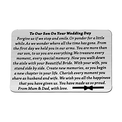 Regalo para el día de la boda del hijo a mi hijo, tarjetas de regalo de boda para hijo de mamá papá con tu esposa comienza una nueva vida, 3.5inch *2.1inch* 0.02inch, Acero inoxidable
