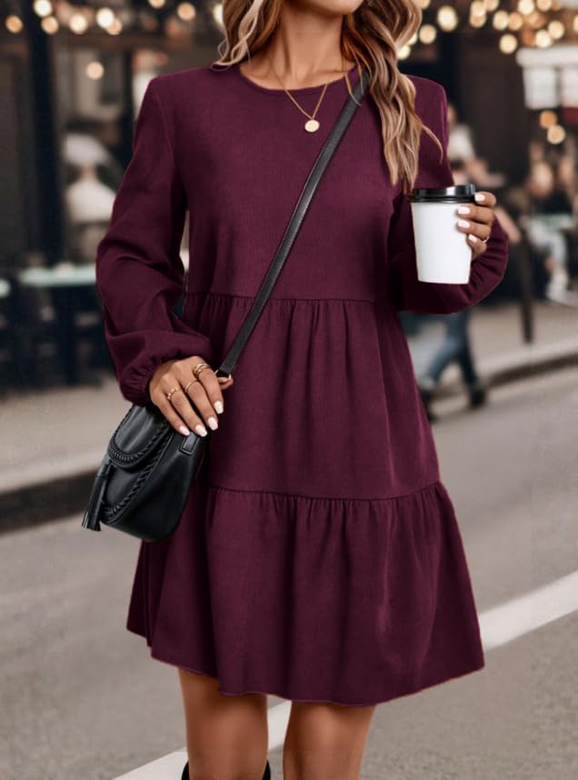 Ladies' Long-Sleeved Mid-Length Dress with a Round Neck and a Waist-Highlighting Short Style for Autumn Casual - Image 2