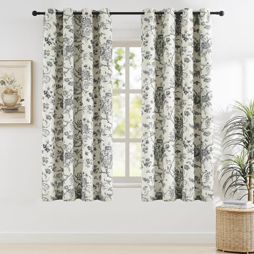 Melodieux 2 Panneaux de Rideaux occultants à imprimé Floral Vintage de 160 cm de Long – Toile de Jouy – Rideaux à œillets texturés en Coton pour...