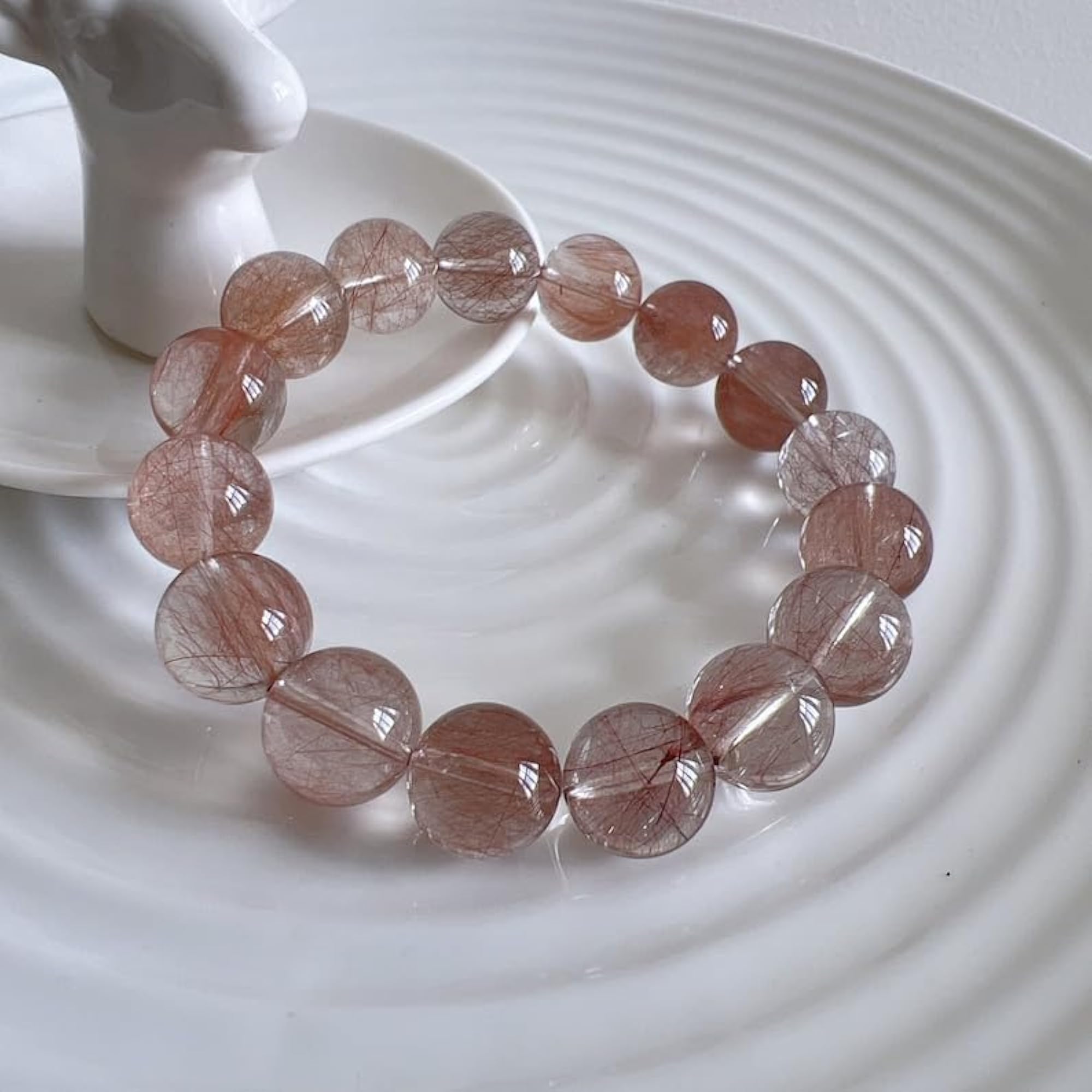Unisex Natural Rutilated Quartz 14mm Round Bead Stretchable Bracelet