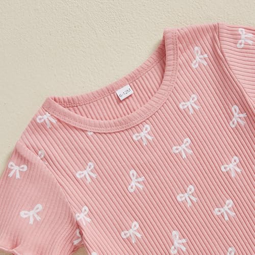 Toddler Baby Girl Summer Clothes Ribbed Knitted Short Sleeve T-Shirt Tops Ruffle Shorts Set 2Pcs Bow Outfit4