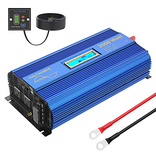 Black Friday Clearance VOLTWORKS 24 Volt 2000W Pure Sine Wave Power Inverter DC 24V to AC 110V 120V and Hardwire Block with LCD Display Remote Controller and Battery Cables Dual 2.4A USB for Charging RV Van Truck Boat