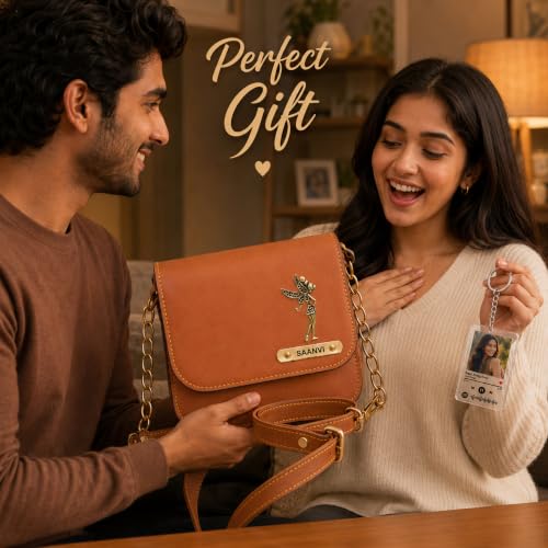 Image of SAVRI Personalized Rakhi Gift for Sister | Customized Leather Sling Bag with Name & Charm and Spotify Photo Keychain with Favourite Song, Personalised Gift Combo for Sister, Behan, Didi- Bro Sis Gift