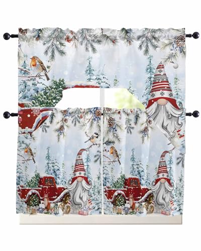 Hokiten Kitchen Curtain Tiers and Swag Valance Set, Christmas Gnomes Tier Curtains 24 Inch Length for Room Decor, Red Truck Xmas Tree Snowflake Bathroom Valance 36 Inch, Tier Curtains 27.5 in x 24 in