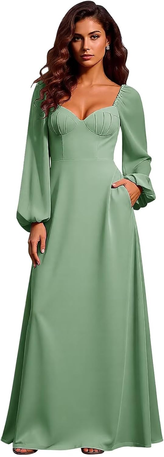 GRILSONTOP Chiffon Long Sleeve Bridesmaid Dresses V Neck Formal Evening Gown Bow Back Wedding Guest Dress with Pocket