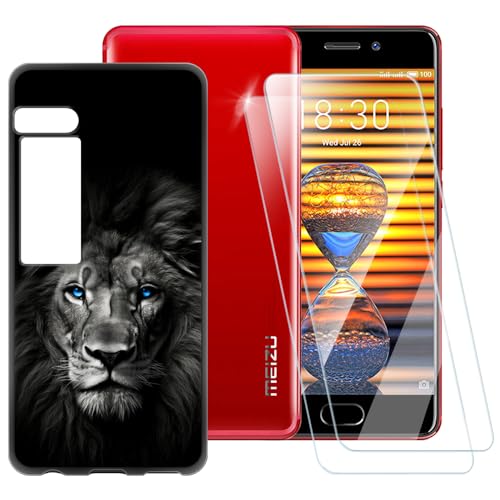 ESACMOT Funda con patrón de león oscuro compatible con Meizu Pro 7 + [2 unidades] Protector de pantalla de vidrio templado, funda a prueba de golpes para Meizu Pro 7 (5.2 pulgadas)