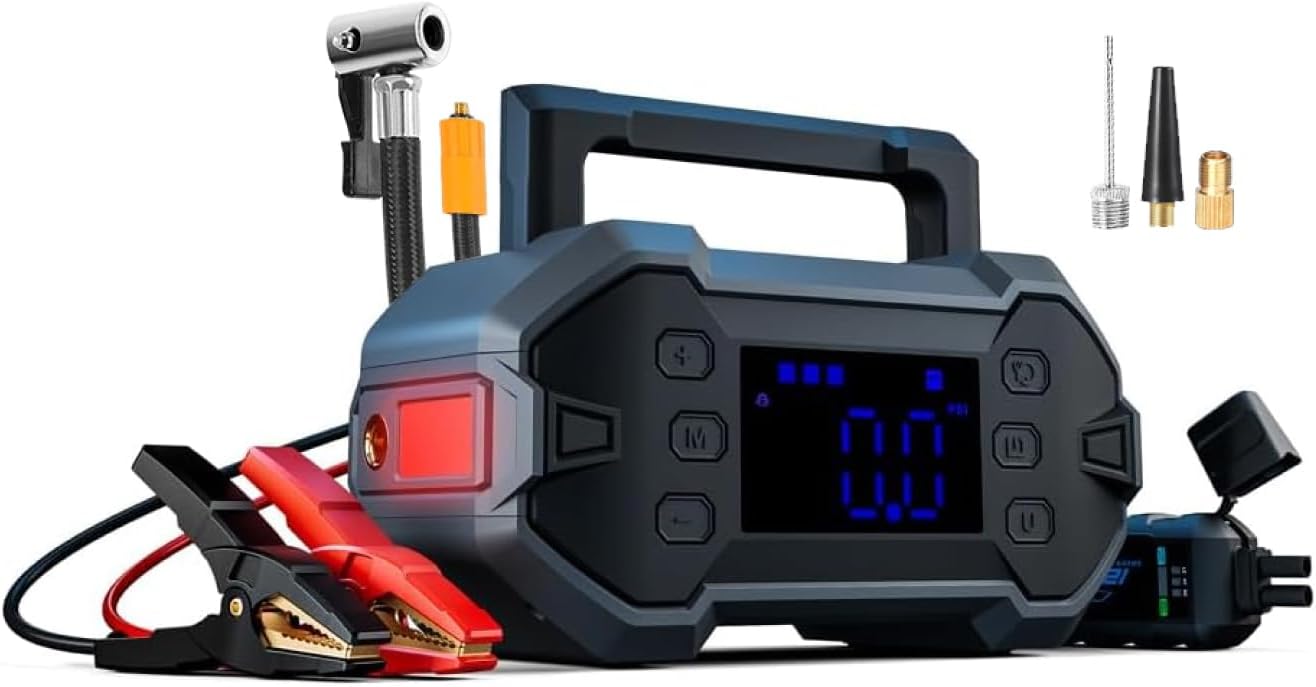 Jump Starter Power Pack Car Battery Starter 3000A 12V Emergency for 8.0L Gas & Diesel Engines with Air Compressor, Portable Car Battery Booster 20000mAh Power Bank, High-Efficiency for All Weather