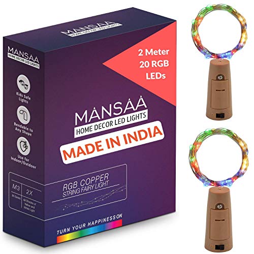 Image of MANSAA M44 Bottle Cork LED String Light | 2 Meter 20 LEDs | Multicolor Automatic Blinking | LR44 Battery Operated | Wine Bottles LED Light | Pack of 2
