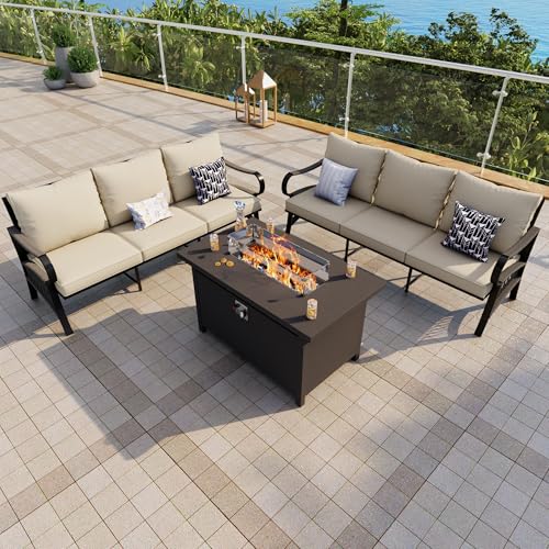 Image of Outdoor Furniture Set, Patio Conversation Set Include 2 x 3-Seater and Fire Pit Table for Deck, Porch, Garden, Backyard, Poolside (Beige, 3-Piece)