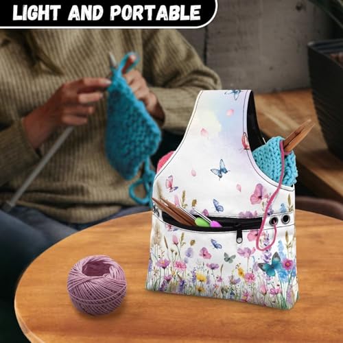 Image of ZUXONGSY Wildflower Yarn Storage Bag for Women Butterfly Knitting Project Bag Vintage Knit Wrist Bag Lightweight Crochet Organizers and Storage