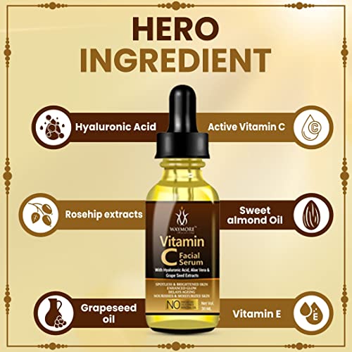 Image of WAYMORE 15% Vitamin C Face Serum for Glowing Skin | Purest Vitamin C (L-Ascorbic Acid) with Vitamin E | Moisturizing Serum for Sensitive Skin | All Skin Types | Face Serum for Men & Women | 30 ml