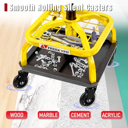 Image of Rolling Shop Stool with Wheels, Garage Work Mechanic Stool with Backrest, Roller Mechanic Chair, Adjustable Height, 360 Swivel, Tool Tray Storage, 330 LBS Capacity, Heavy Duty, Yellow