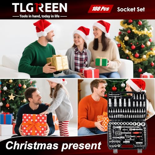 TLGREEN 108-Pieces 1/4" and 1/2" Drive Sockets Set, 72 Teeth Reversible with Quick Release, CR-V Deep Sockets Kit with Extension Bar, Coupler, Ratchet and Wrench, Mechanic Tools for DIY, Car Repair - Image 9