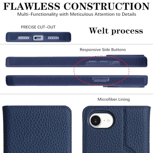 Image of Detachable Genuine Leather Case for iPhone 16e / iPhone 17e Wallet Case Magnetic 2in1 Removable Flip Cover Book Purse Compatible with Magsafe Charging Kickstand Card Holder-Navy Blue2