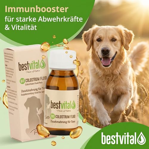 Bio Colostrum Fluid für Hund & Katze [60ml] - Flüssiger Immunbooster stärkt Immunsystem & Vitalität - Ideal für Magen, Darm & bei Allergie - Welpen & Senior - Deutsche Bio-Qualität