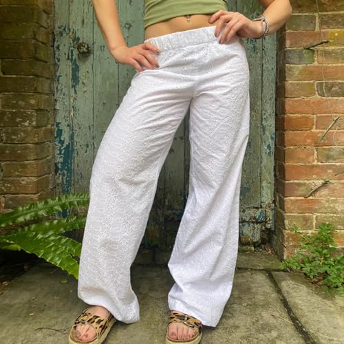 Women Y2K Lounge Bottoms Floral Eyelet Embroidery Elastic Waist Wide Leg Pants Casual Going Out Pants2