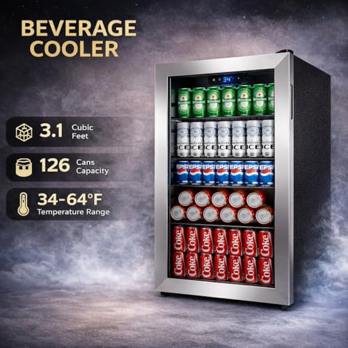 Image of Manastin 3.1 Cu.Ft Beverage Refrigerator, 126 Can Glass Door Mini Fridge | Reversible Glass Door, 34-64F Adjustable Thermostat, Freestanding Drink Cooler for Soda, Beer & Home Bar