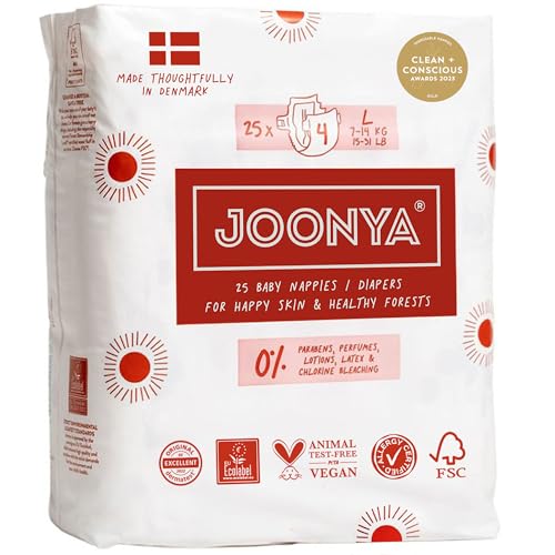 Joonya Baby Diapers, Size 4 L (15-31 lb) - 1 Bag of 25 - New Range - NonToxic, Eco-Friendly, Ultra Slim, Overnight Use - Made in Denmark