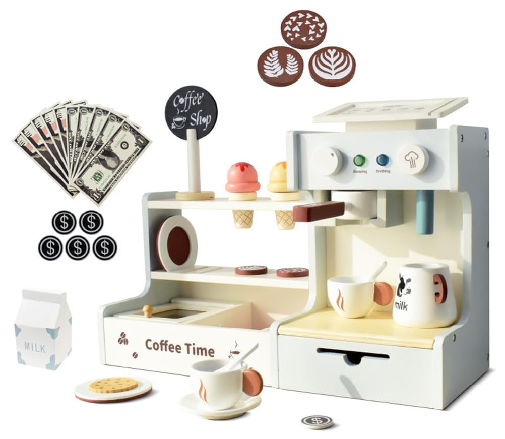 Set da Gioco Caffetteria in Legno, Banco Finta Macchina del caffè | Set Gioco di Ruolo Caffè, Cibo per Gioco di Finzione, Stazione del Caffè per Bambini