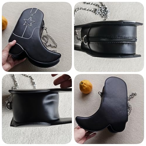 Women's Small Black Western Unique Cowboy Boot Shaped Vegan Leather Crossbody Purse Bag with Silver Chain4