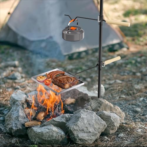 GRILL FORCE Campfire Grill Grate, Fire Pit Grill Grate with 360°Swivel Handle, Open Fire Cooking Equipment, Over Fire Camp Grill, Portable Camp Grill for Outdoor Camping BBQ, Stainless Steel Grate