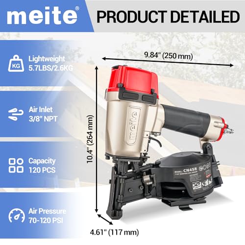 Image of meite CN45R Roofing Nailer, Drives 15 Degree 7 /8 inch to 1-3 /4 inch Coil Roof Nails