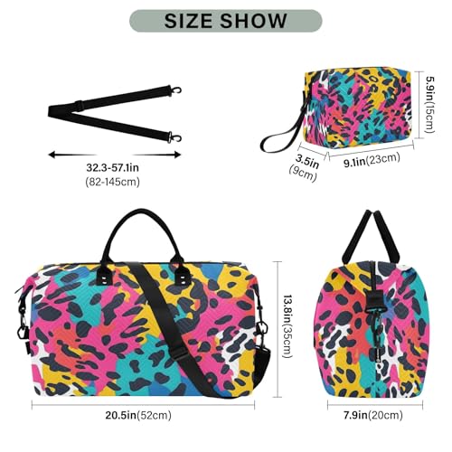 Weekender Bags Travel Duffel Gym Bag Leopard Print Rainbow Color Pattern Carry on Overnight Tote Bag with Toiletry Bag for Airplane Travel Trip Gym Yoga3