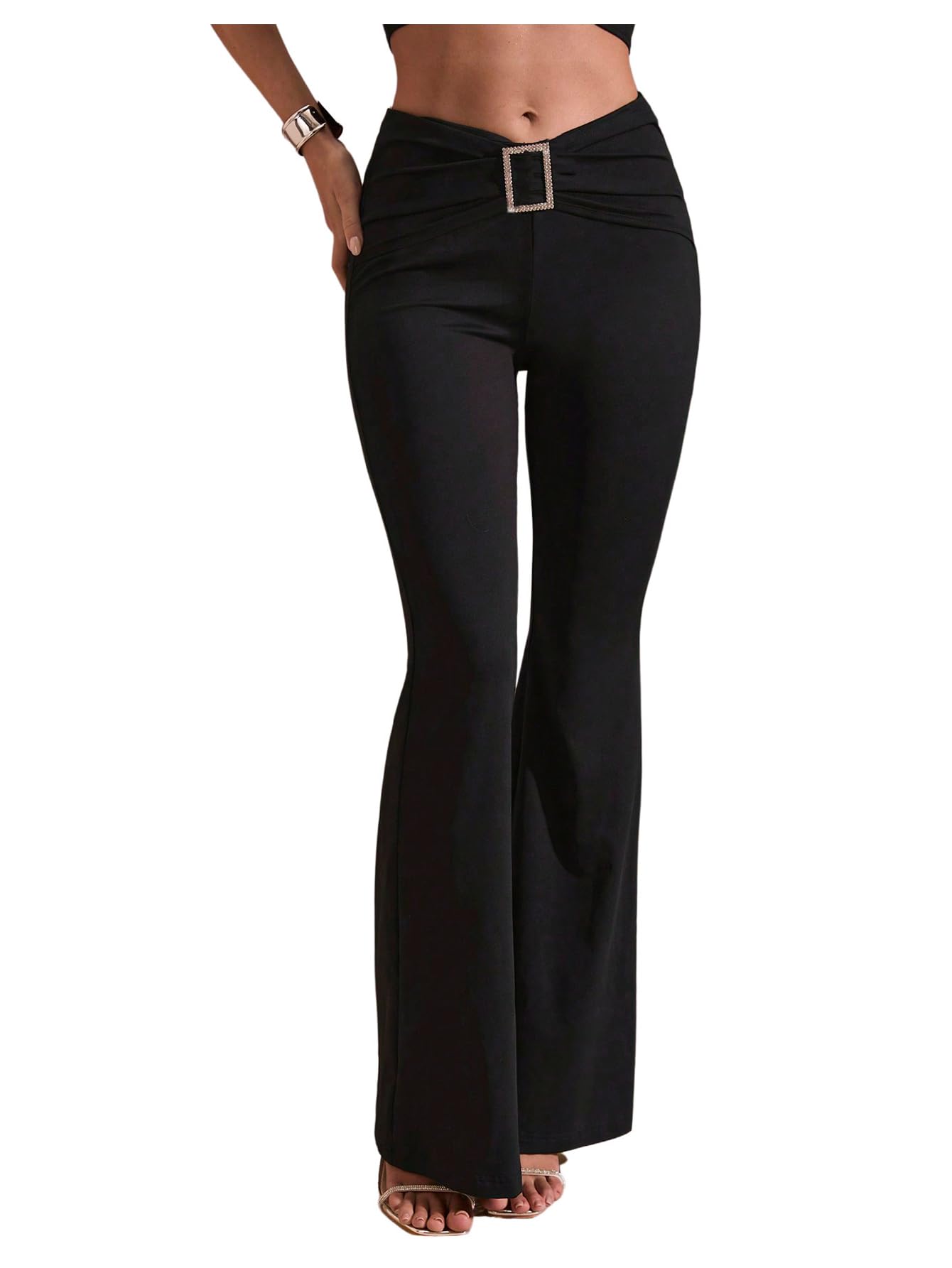 SHENHE Womens Flare Leg Dress Pants Crossover Low Rise Rhinestone Ring Bootcut Trousers
