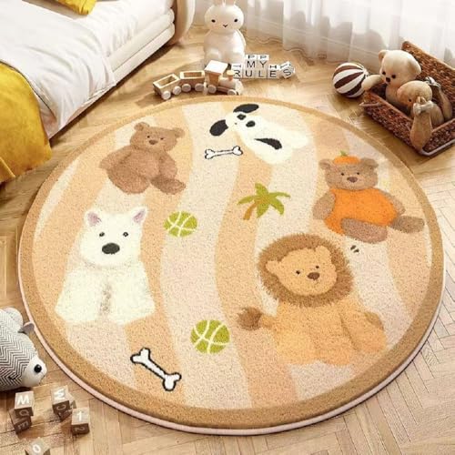 YATOLA Alfombras Redonda Alfombra Habitación Lavable Antideslizante Muy Suave para Salón Dormitorio Esponjosa de Cama Infantil Lavable Bebe Niña Niño Juego Animale Conejo Oso León (Marrón, 100x100cm)