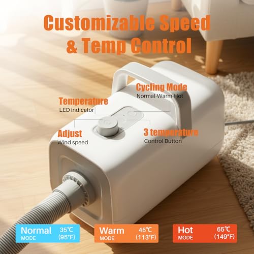Image of NEWBULIG Dog Hair Dryer with Heater for Grooming, Temperature Adjustable | 1550W High Velocity Speed Pet Blow Dryer with 4 Nozzles, White