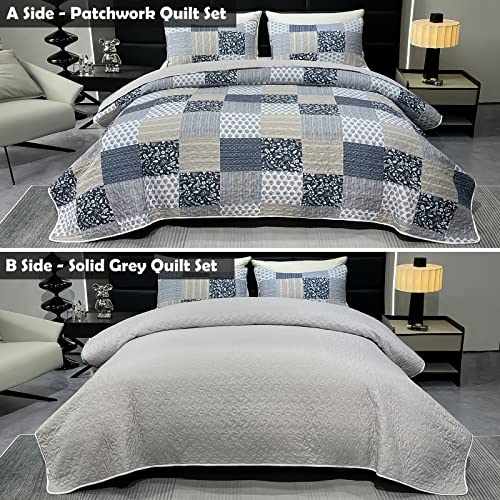 Cozyholy Navy Blue Gray Quilt Set Full Queen Size Patchwork Quilted Bedspread Coverlet Set 3 Piece Plaid Reversible Lightweight Bedding Comforter Set Stitched Bed Cover Blanket With Pillow Shams #TOP2