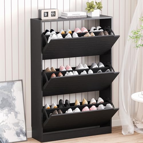 BORNOON Shoe Storage Cabinet with 3 Flip Drawers,Narrow Shoe Rack Cabinet,Freestanding Organizer...