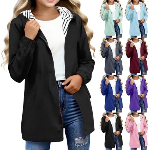 Kids Girls Raincoat Waterproof, Striped Lined Lightweight Rain Jacket, Outdoor Travel Zip Up Windbreaker Coats with Hood