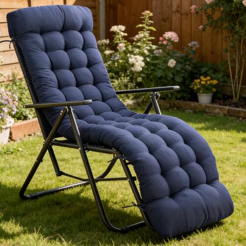 widesmile Sun Lounger Cushion Waterproof 180 x 55 x 10 cm Thickened Garden Recliner Chair Cushion with Ties & Non-Slip Back, Indoor Outdoor Soft Sunlounger Cushions Cotton Inner (Blue)