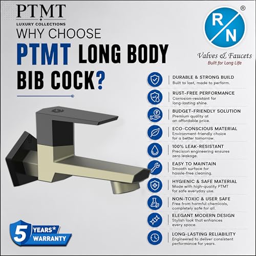 Image of RN PTMT Long Body Bib Cock for Bathroom | 15mm Long Body Foam Flow Water Tap with Flange | Luxury G20 Collection Faucet | High-Grade Engineering Polymer Tap (Graphite Black Dual, Pack of 1)
