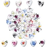 SUPERFINDINGS 45Pcs 9 Colors Handmade Porcelain Beads 15x15mm Flower Printed Porcelain Ceramic Beads Heart Ceramic Beads for DIY Jewelry Making, Hole: 3mm