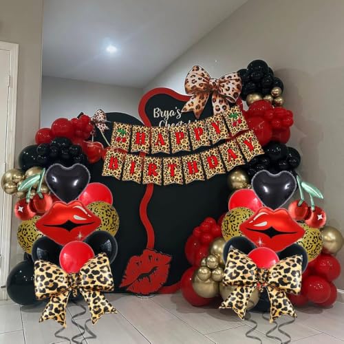 Image of 23Pcs Cherry Cheetah Birthday Decorations, Red Black Cheetah Print Balloons