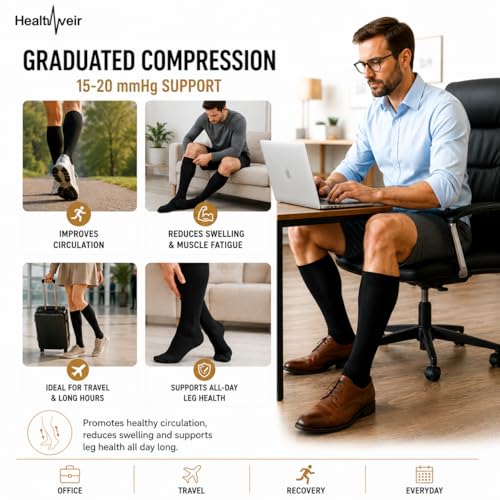Image of Healthweir Premium Cotton Compression Socks for Women & Men - 15-20 mmHg Graduated Knee High Support Stockings for Comfort, Circulation, Swelling Relief, Travel, Nurses, Running & Everyday Wear