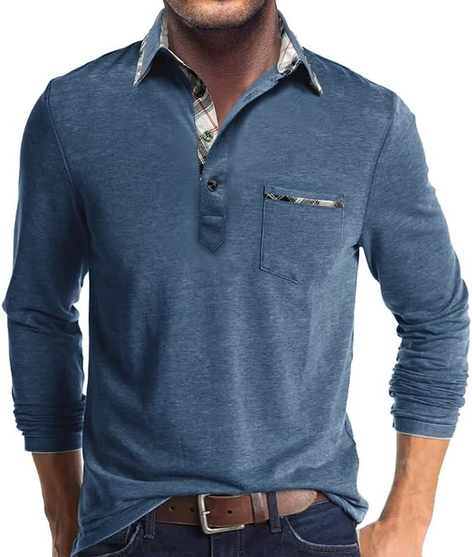 Mens Long Sleeve Polo Shirts Casual Button Moisture Cotton Tees Stylish Tops Golf Shirts with Pocket