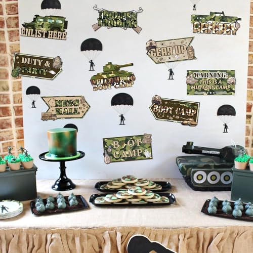 Image of Hooqict 20 Pieces Army Party Sign Camouflage Military Birthday Party Decorations Directional Signs for Boys Men Camo Army Retirement Decorations Welcome to Boot Camp Party Supplies